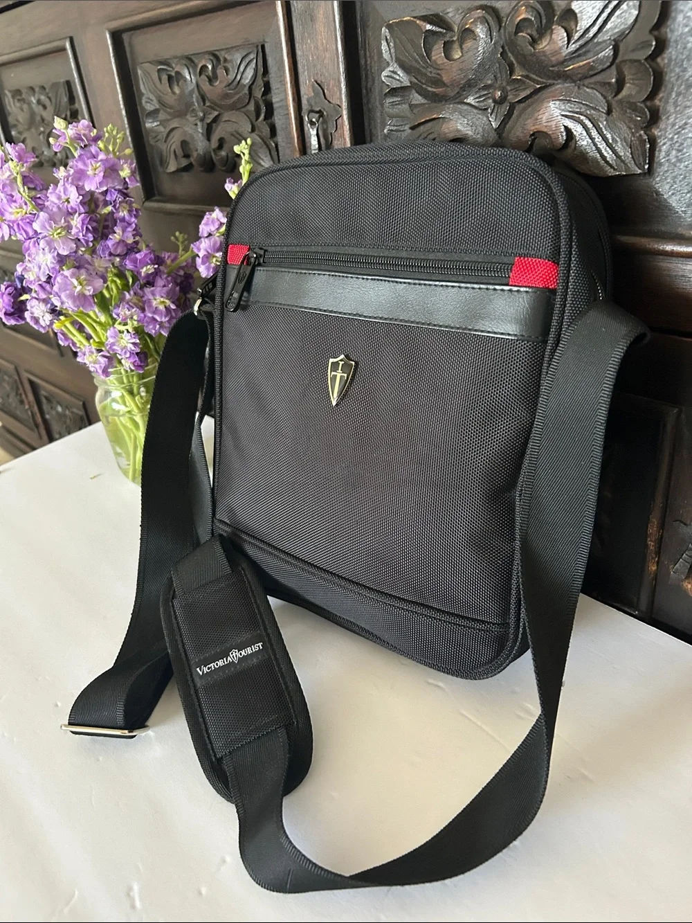 Victoria Tourist Black Messenger Bag with Red Accent Strip